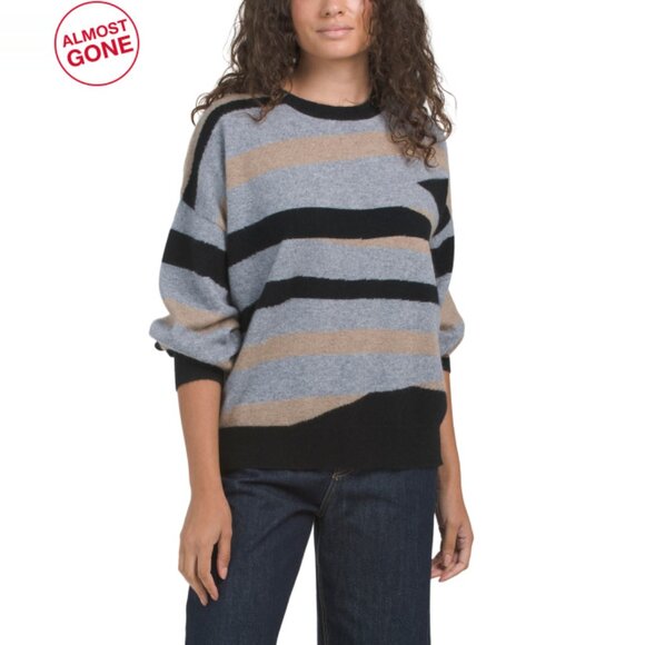 EDINBURGH KNITS Smoke Grey Cashmere Zebra Stripe Sweater - Picture 1 of 2